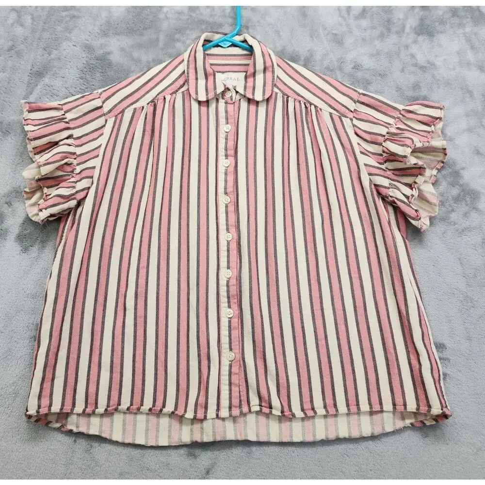 THE GREAT Top Womens 00 Pink Taffy Stripe Flounce Sleeve Button Up Oversized‎